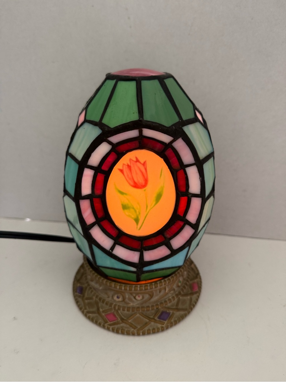 Tiffany Style Stained Art Nouveau Glass leaded CHEYENNE Lamp With Tulip Vtg